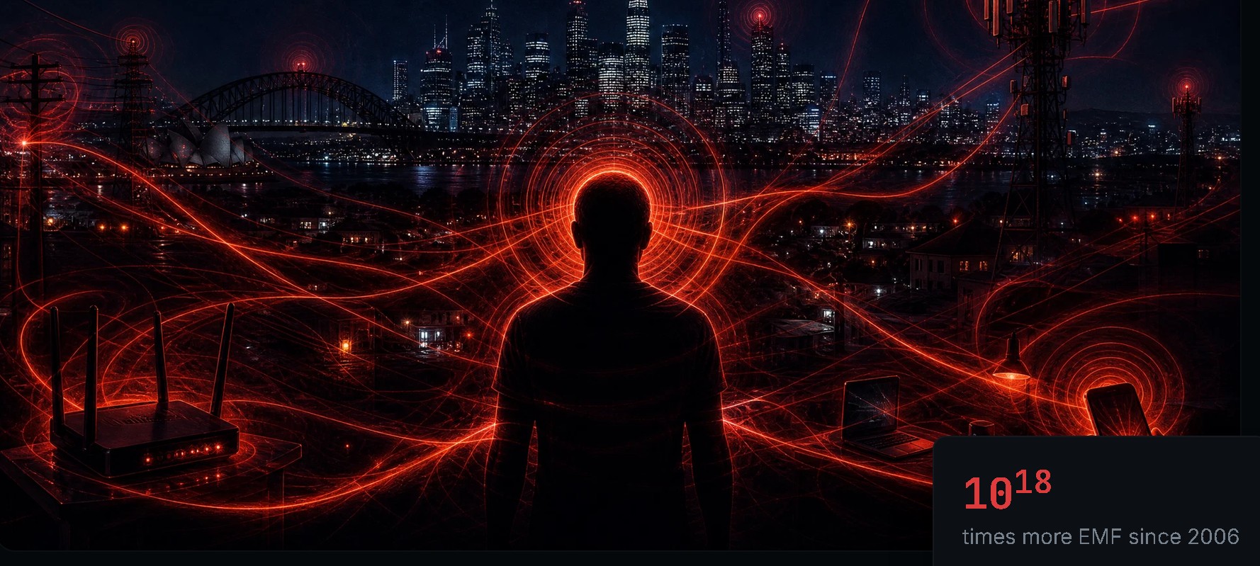 A human figure surrounded by red electromagnetic radiation in a city