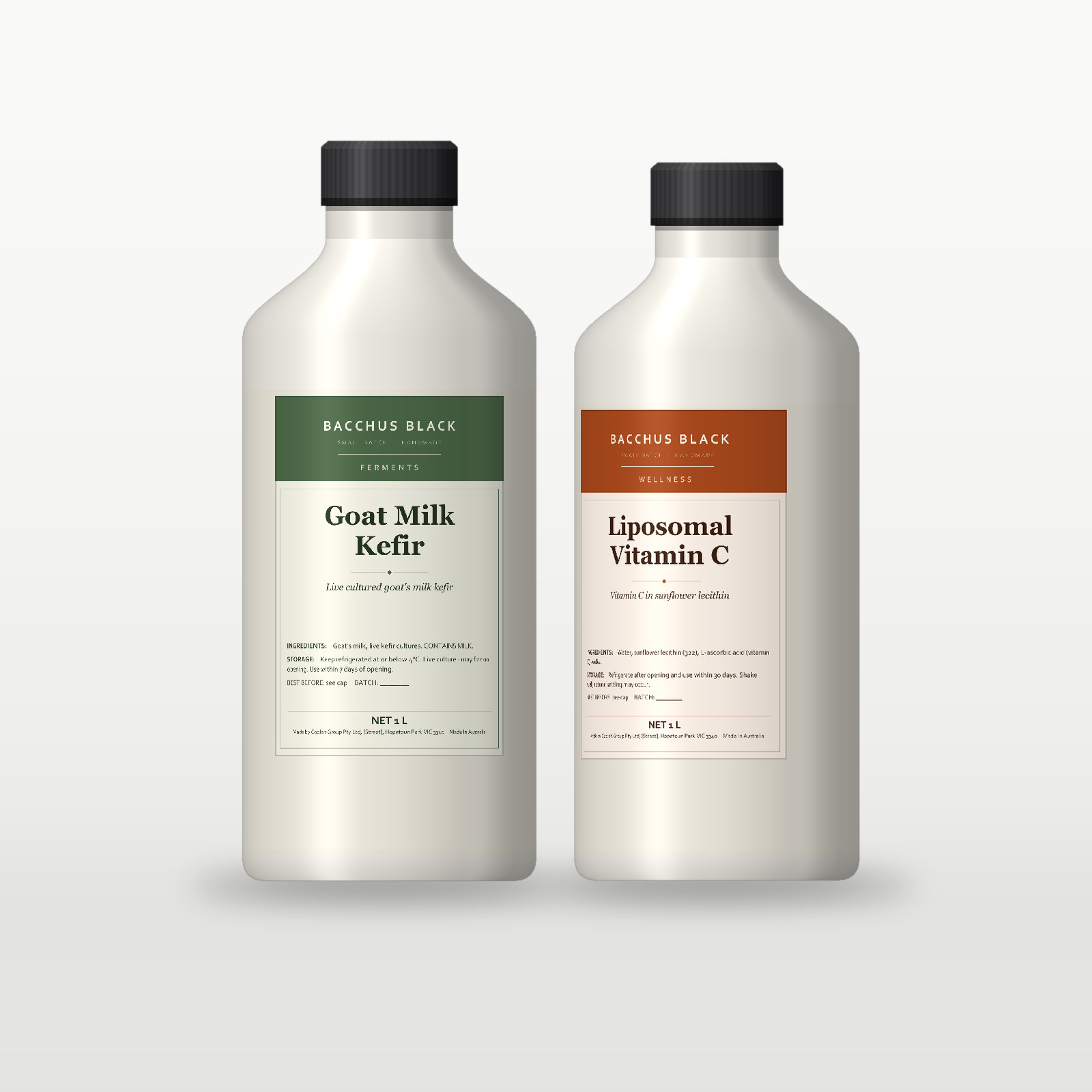 Bacchus Black 1 litre range: Milk Kefir and Liposomal Vitamin C