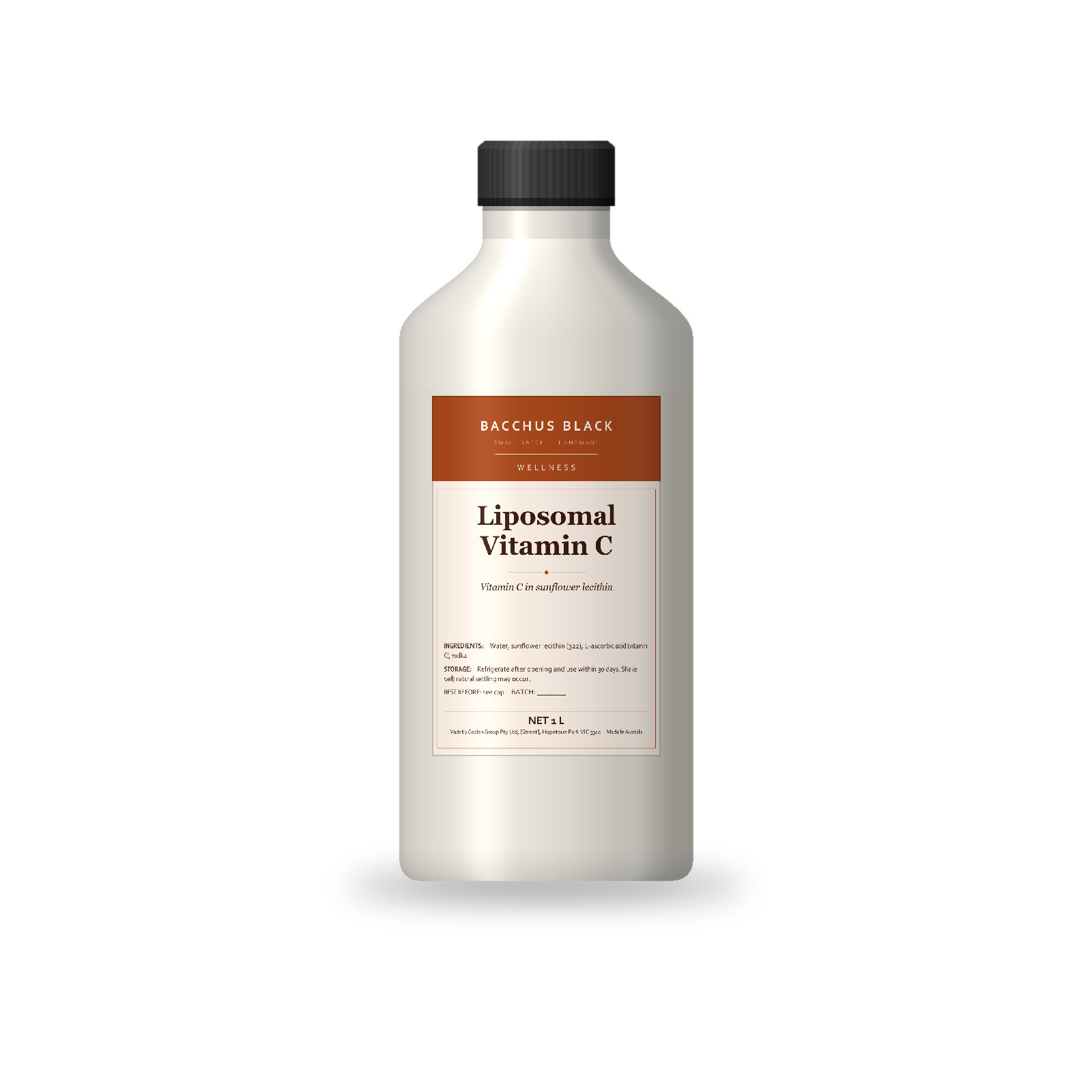 Bacchus Black Liposomal Vitamin C 1 litre bottle, front