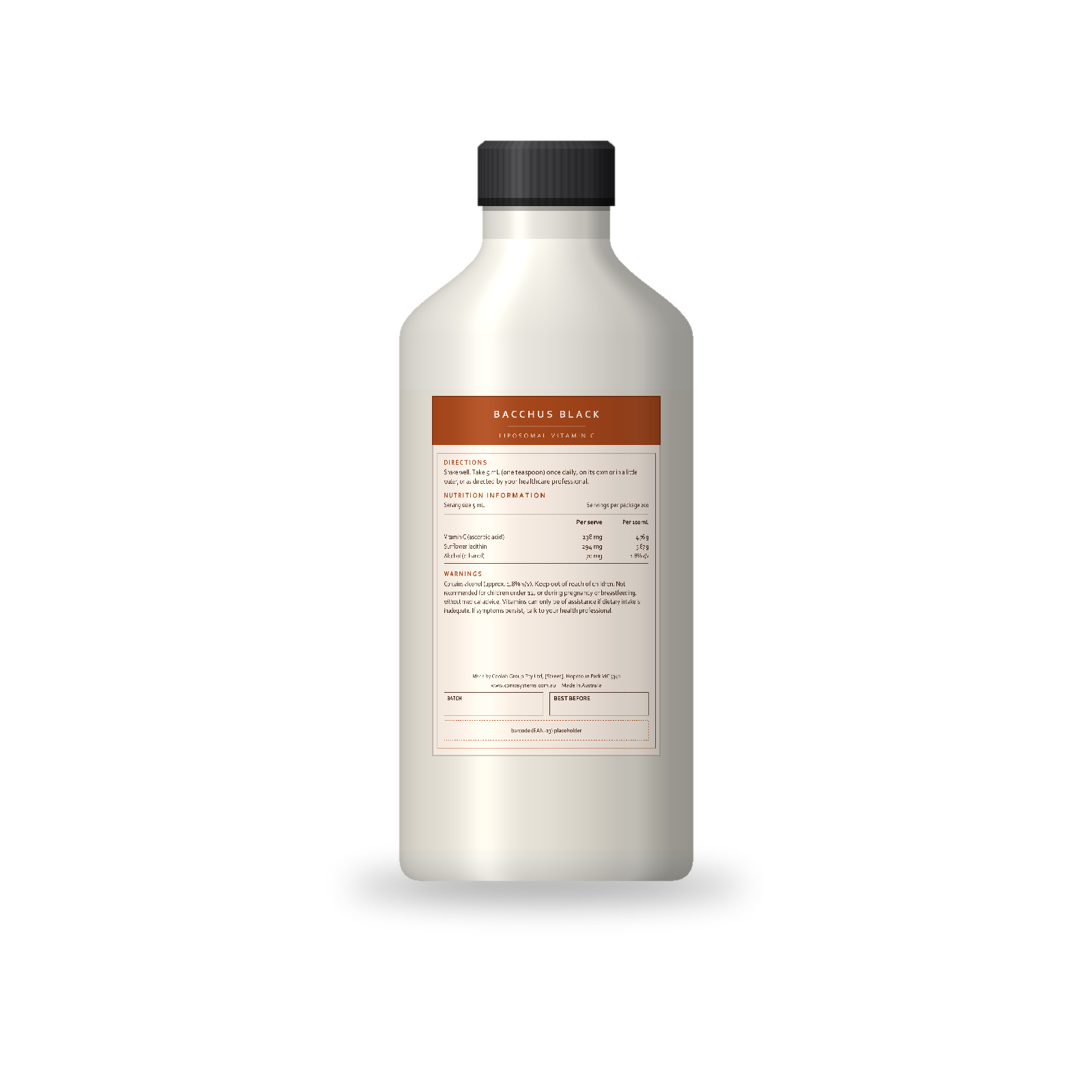 Liposomal Vitamin C bottle, back label with directions and nutrition information