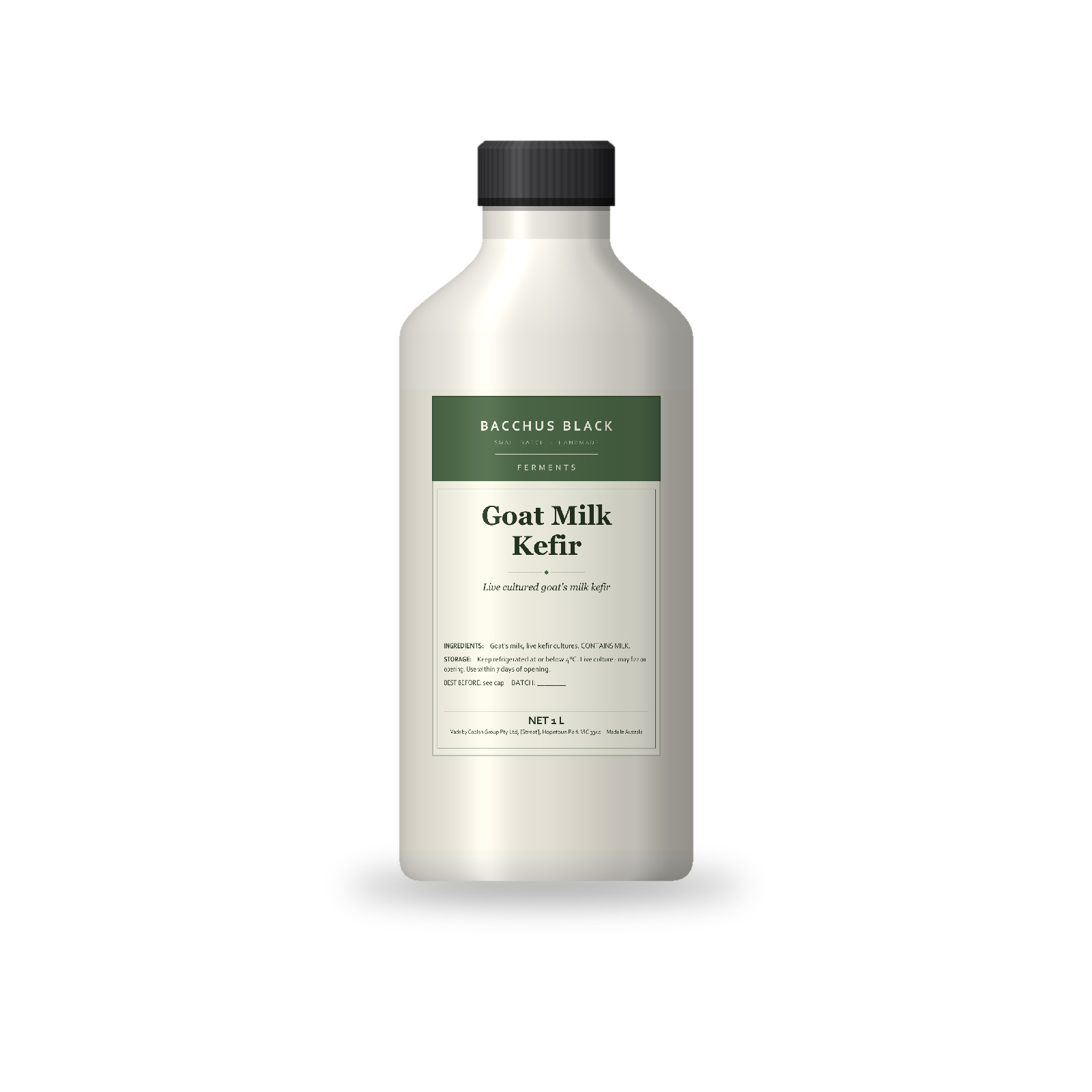 Bacchus Black Goat Milk Kefir 1 litre bottle, front