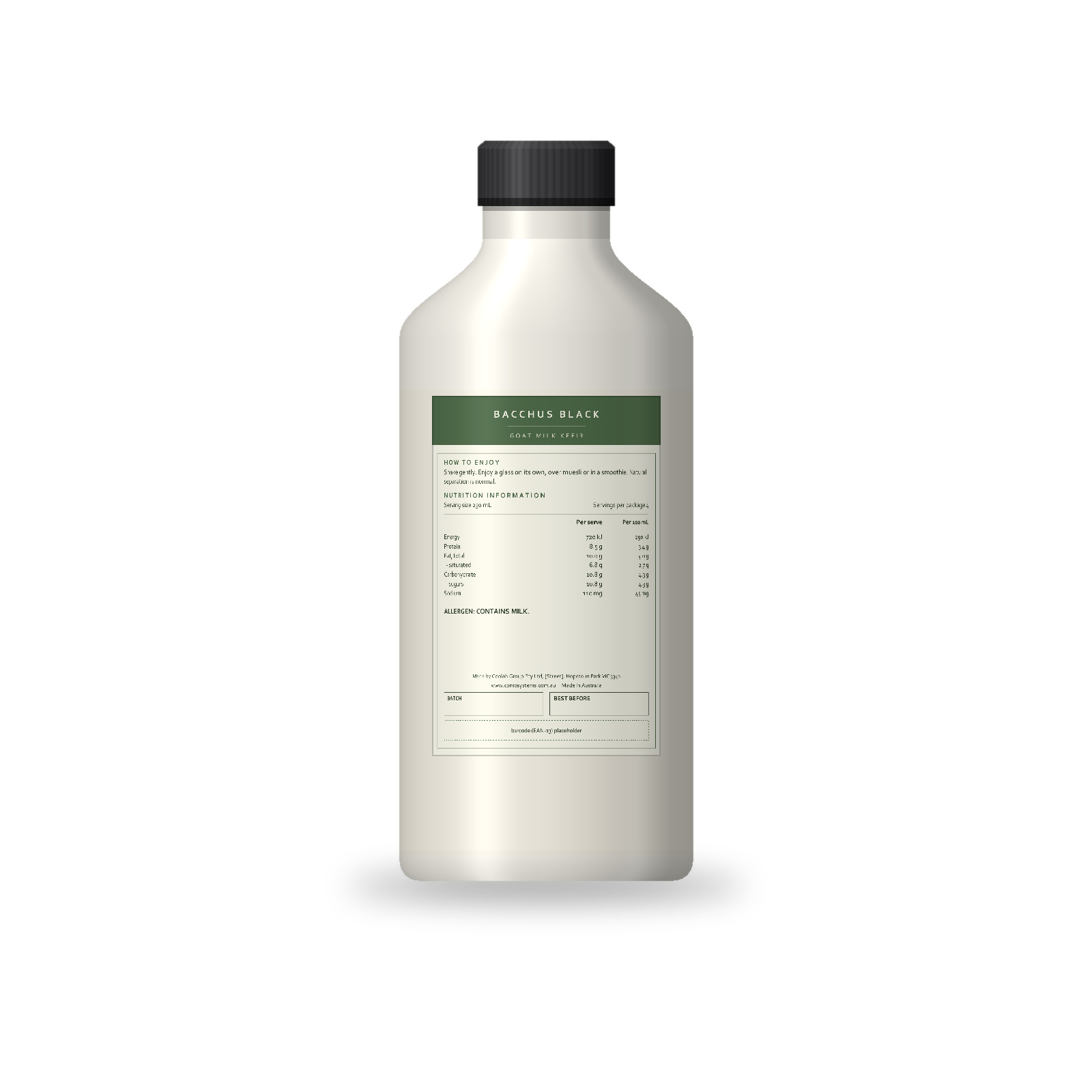 Milk Kefir bottle, back label with nutrition information