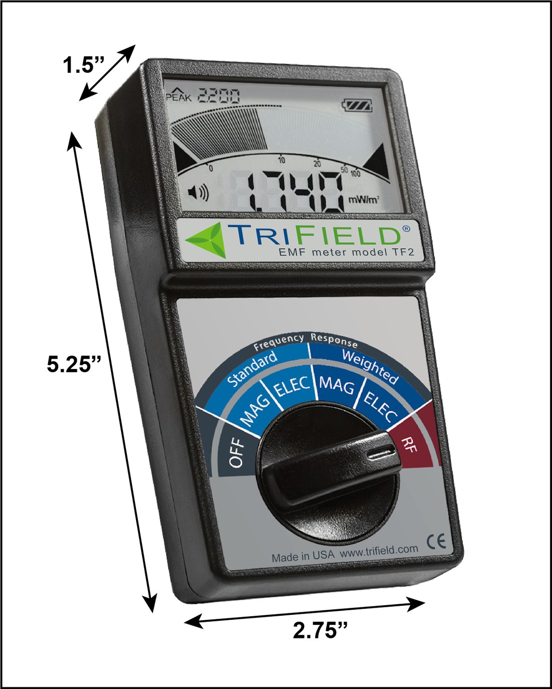 TriField TF2 dimensions — 5.25 by 2.75 inches